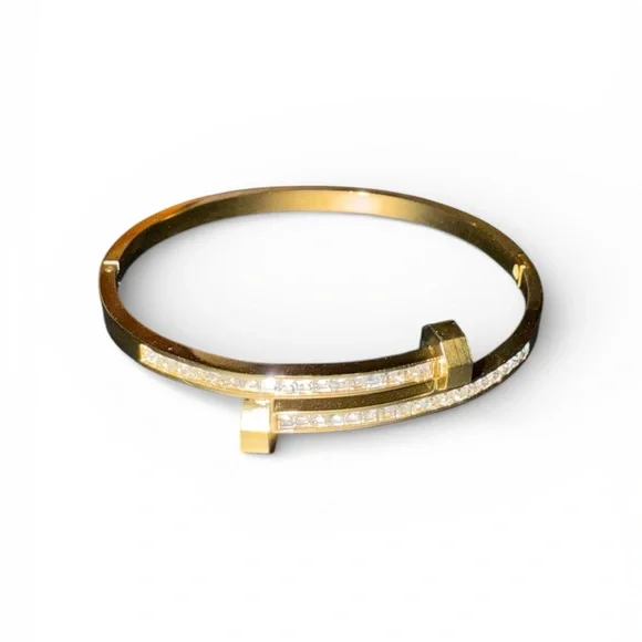 Nail Bangle with CZ Gold Tone Stainless Steel Bracelet - Picture 2 of 4